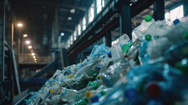 A pile of plastic bottles in a recycling bin Scene is one of waste and environmental concern