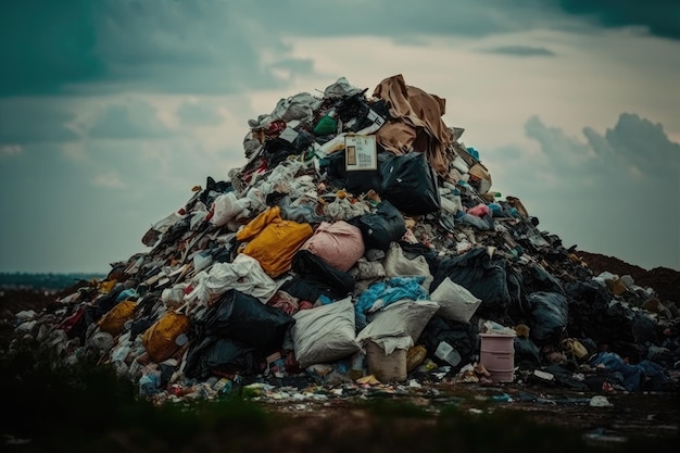 Pile of plastic trash and overflowing garbage on landfill