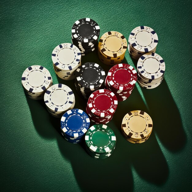 a pile of poker chips are laying on a green table