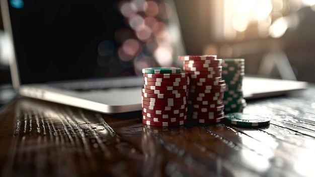 Photo a pile of poker chips on a table with a laptop in the background