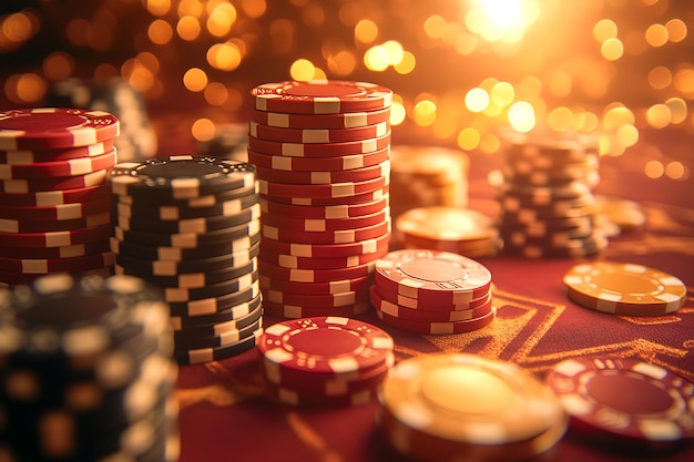 a pile of poker chips on a table with the lights on the background