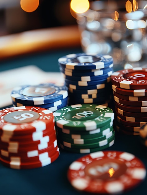 a pile of poker chips with the number 5 on the top