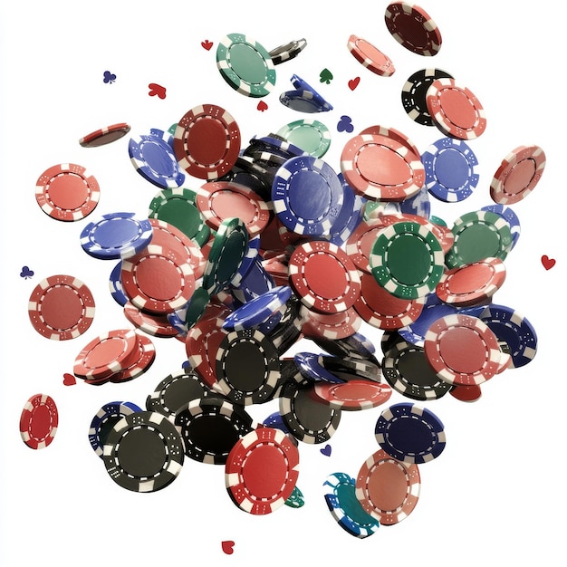 a pile of poker chips with a red and green poker chips in the middle