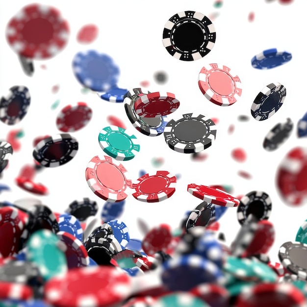 a pile of poker chips with a red poker chips in the background