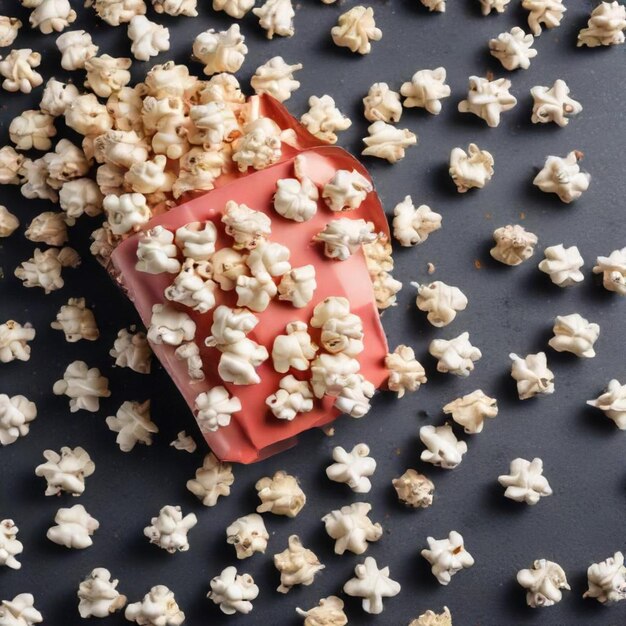 Photo a pile of popcorn on a table with a red square that says popcorn