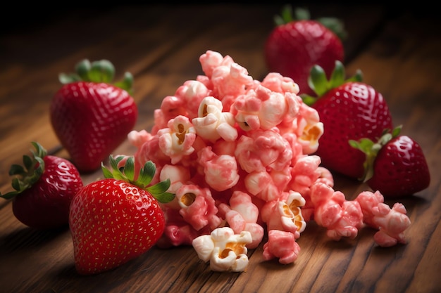 A pile of popcorn with strawberries on a wooden table