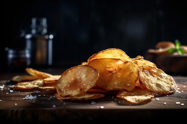 A pile of potato chips on a wooden table with a bottle of ketchup in the background.