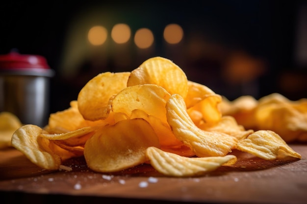 A pile of potato chips on a wooden table