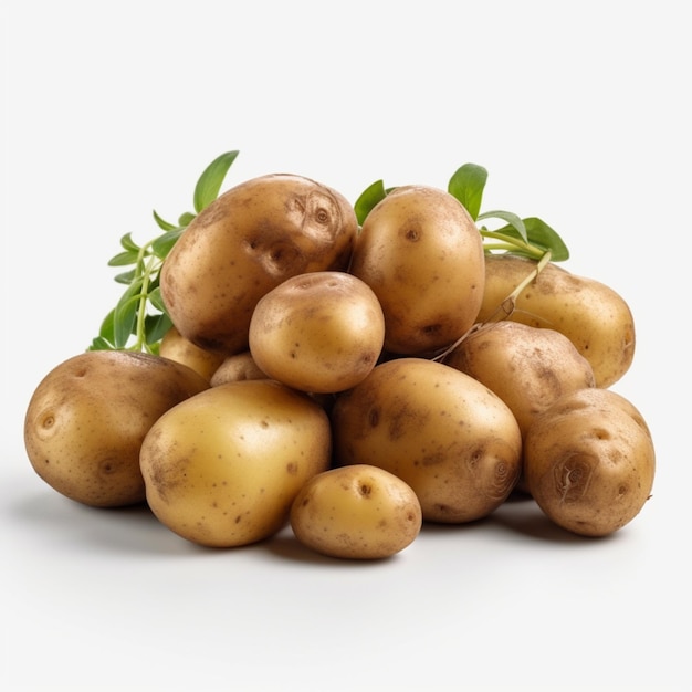 A pile of potatoes with a green leaf on it