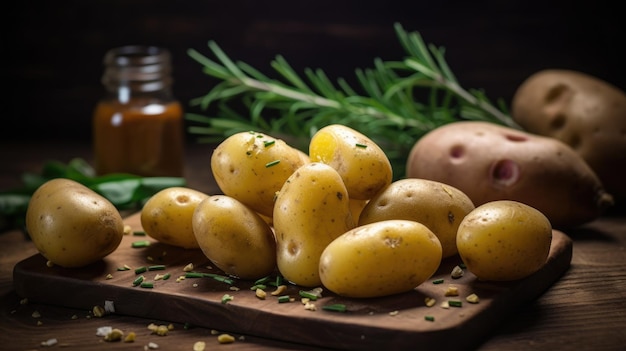 A pile of potatoes on a wooden cutting board with spices and herbs on the side.