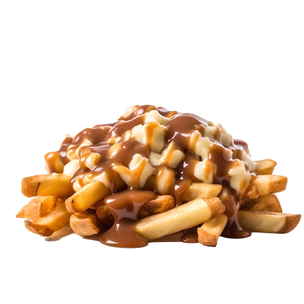 A pile of poutine with brown sauce and gravy on top