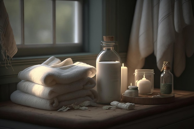 A pile of pristine towels atop a wooden surface accompanied by a bottle of liquid and a candle holder placed on a windowsill Generative AI