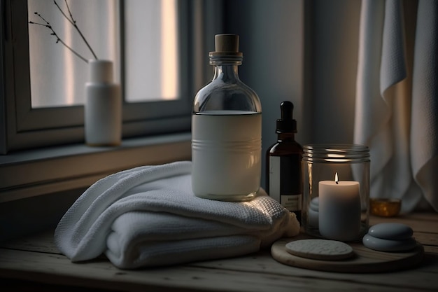 A pile of pristine towels atop a wooden surface accompanied by a bottle of liquid and a candle holder placed on a windowsill Generative AI