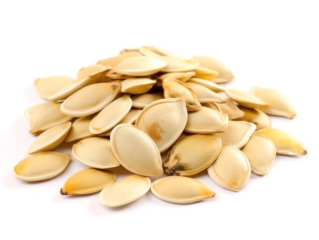 A pile of pumpkin seeds on a white background