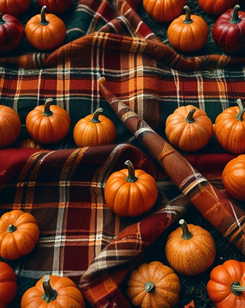 a pile of pumpkins are on a blanket with a plaid cover