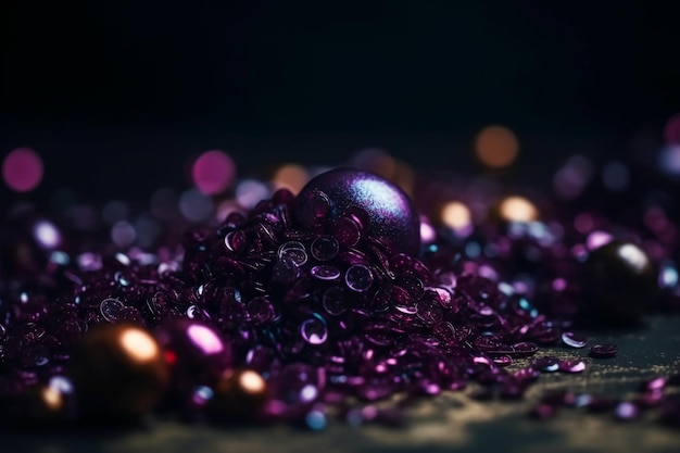 A pile of purple christmas ornaments on a black background