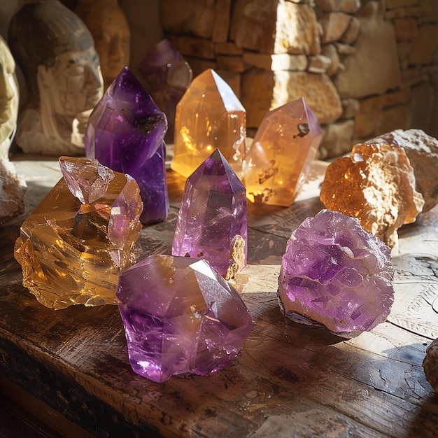 a pile of purple crystals sits on a table