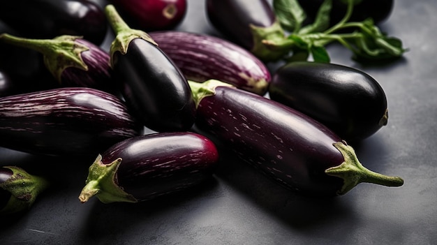 A pile of purple eggplants on a black table