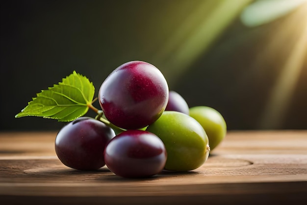 A pile of purple plums on a wooden table