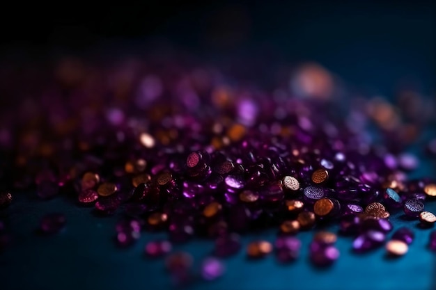 A pile of purple sequins on a blue background