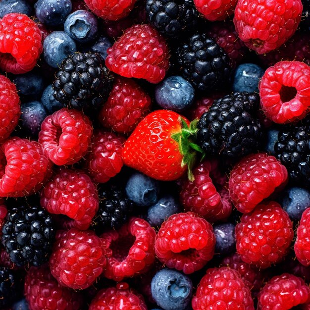 A pile of raspberries and raspberries are piled together.