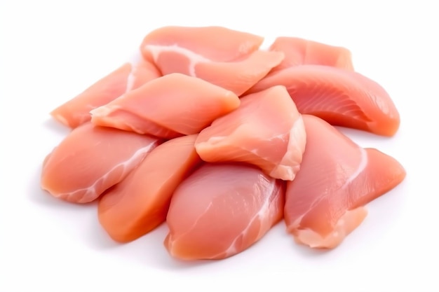 a pile of raw chicken pieces on a white surface