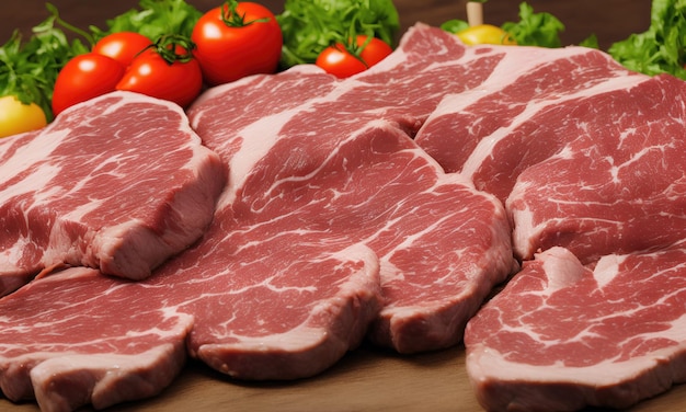 A pile of raw meat on a table with vegetables