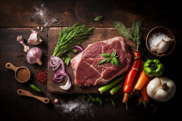 a pile of raw meat and vegetables on a wooden table