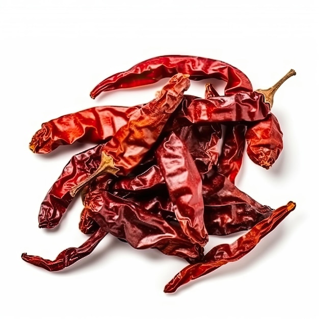 A pile of red chili peppers on a white background