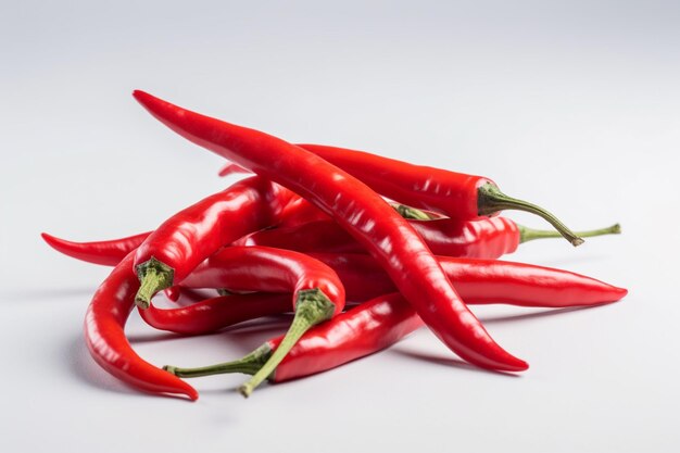 A pile of red chili peppers on a white background