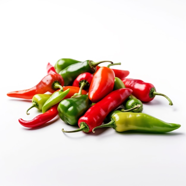 A pile of red and green chili peppers on a white background.