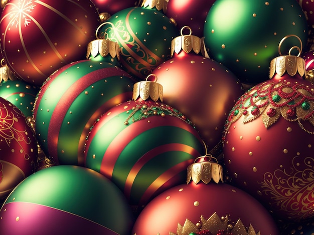 A pile of red and green ornaments with gold stripes.