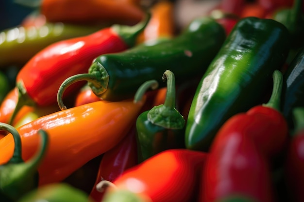 A pile of red and green peppers with the word " hot " on the side.