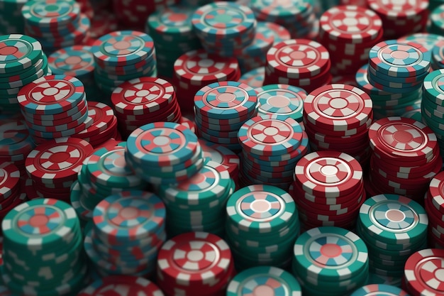 A pile of red and green poker chips