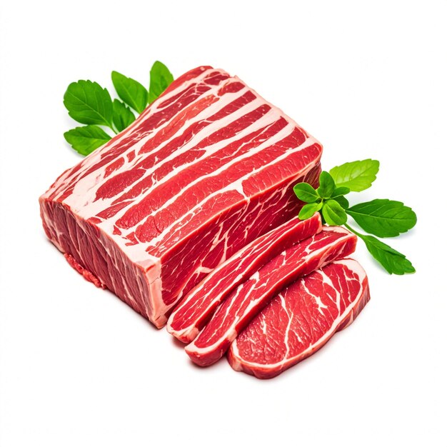 a pile of red meat with green leaves on it