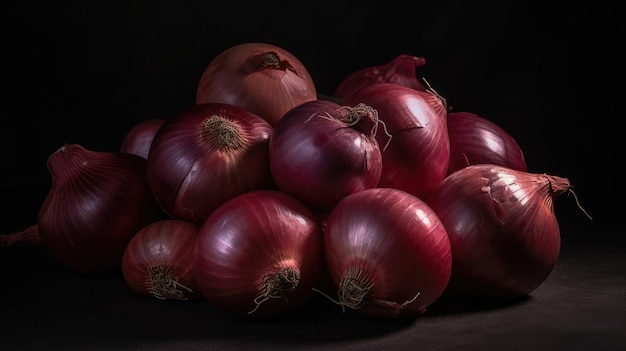 A pile of red onions on a black background