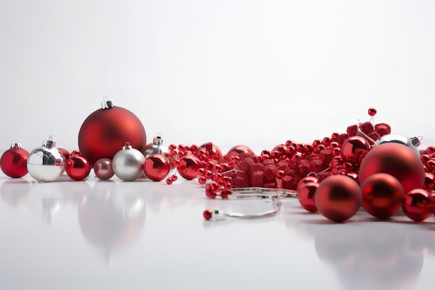 A pile of red ornaments with silver balls on the floor