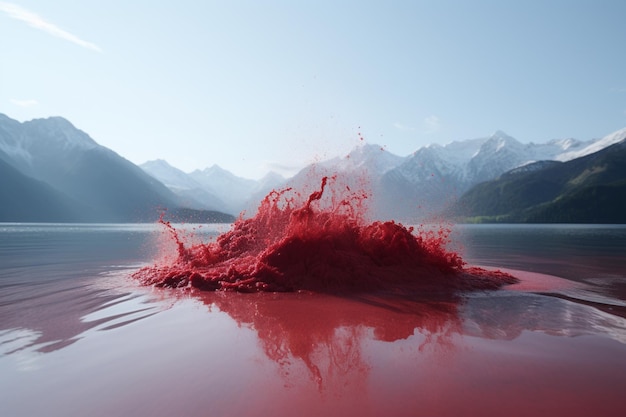 a pile of red powder on the water with mountains in the background high quality