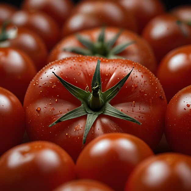 Photo a pile of red tomatoes with green leaves on them