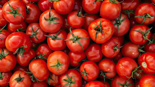 a pile of red tomatoes with green leaves on them