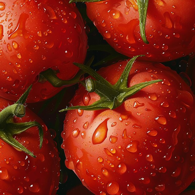 a pile of red tomatoes with water drops on them