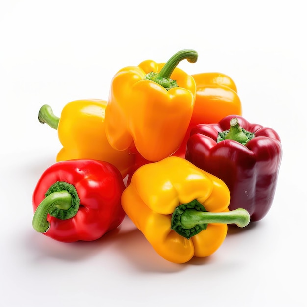 A pile of red, yellow, and green peppers are on a white background.