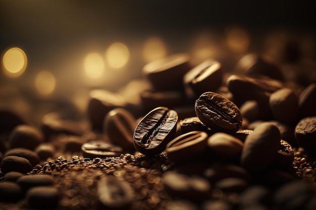 Pile of roasted coffee beans on dark background