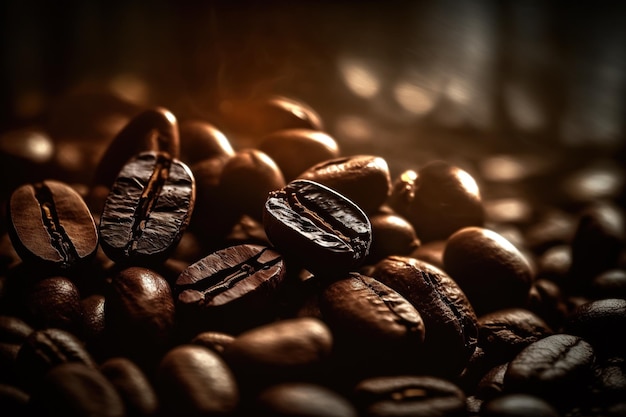 Pile of roasted coffee beans on dark background