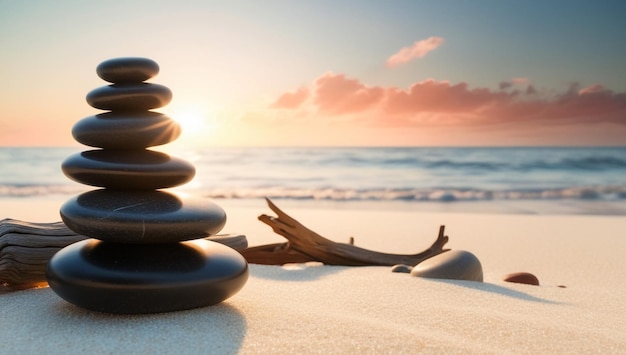 Photo a pile of rocks on the beach with a sunset in the background