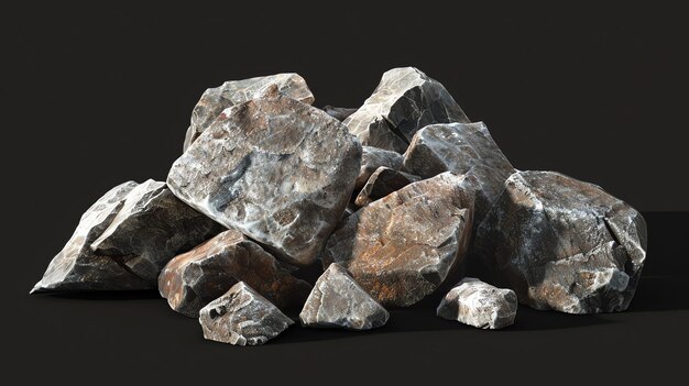 A pile of rocks of various sizes The rocks are gray and brown in color and have a rough