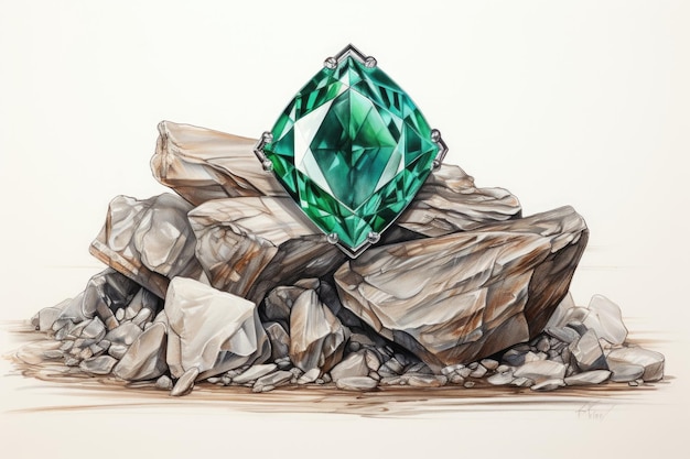 A pile of rocks with a green diamond atop it Generative AI