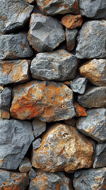 a pile of rocks with a large orange and gray rock