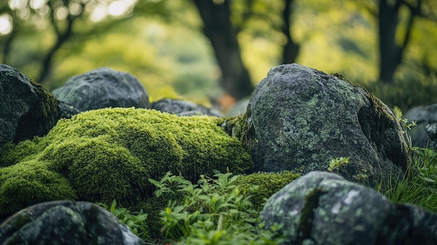 a pile of rocks with moss on them and a tree in the background