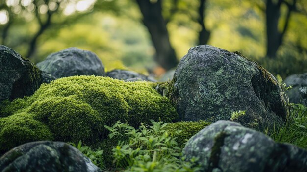 a pile of rocks with moss on them and a tree in the background